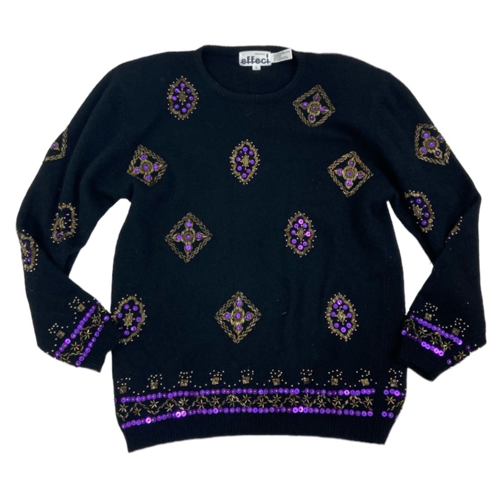 Creazioni effeci black purple gold beaded sweater. Large